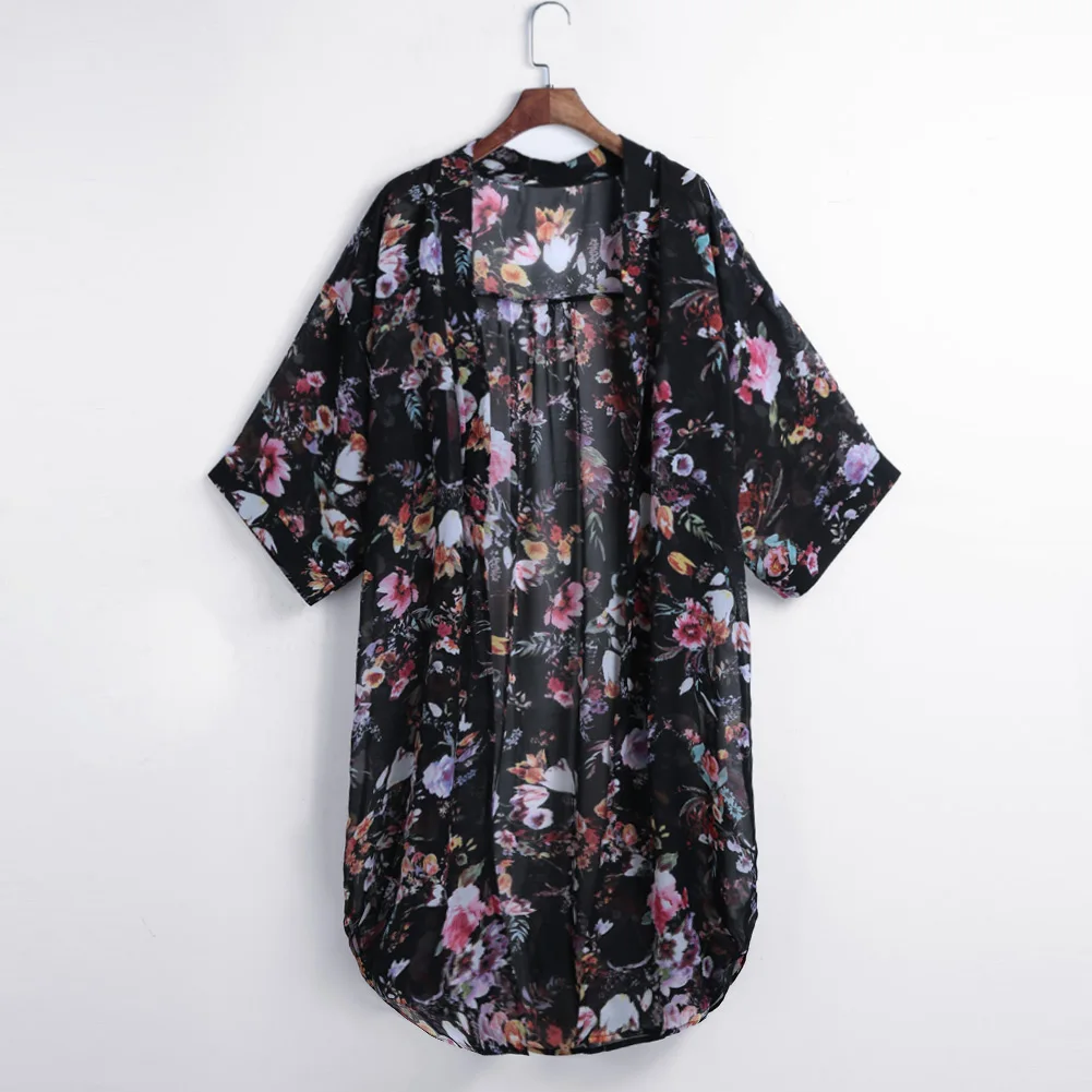 Женщин Boho шифон кимоно кардиган с цветочным принтом 3/4 рукавом длинная блузка топ свободного покроя свободная одежда для пляжа плюс размер 5XL черный