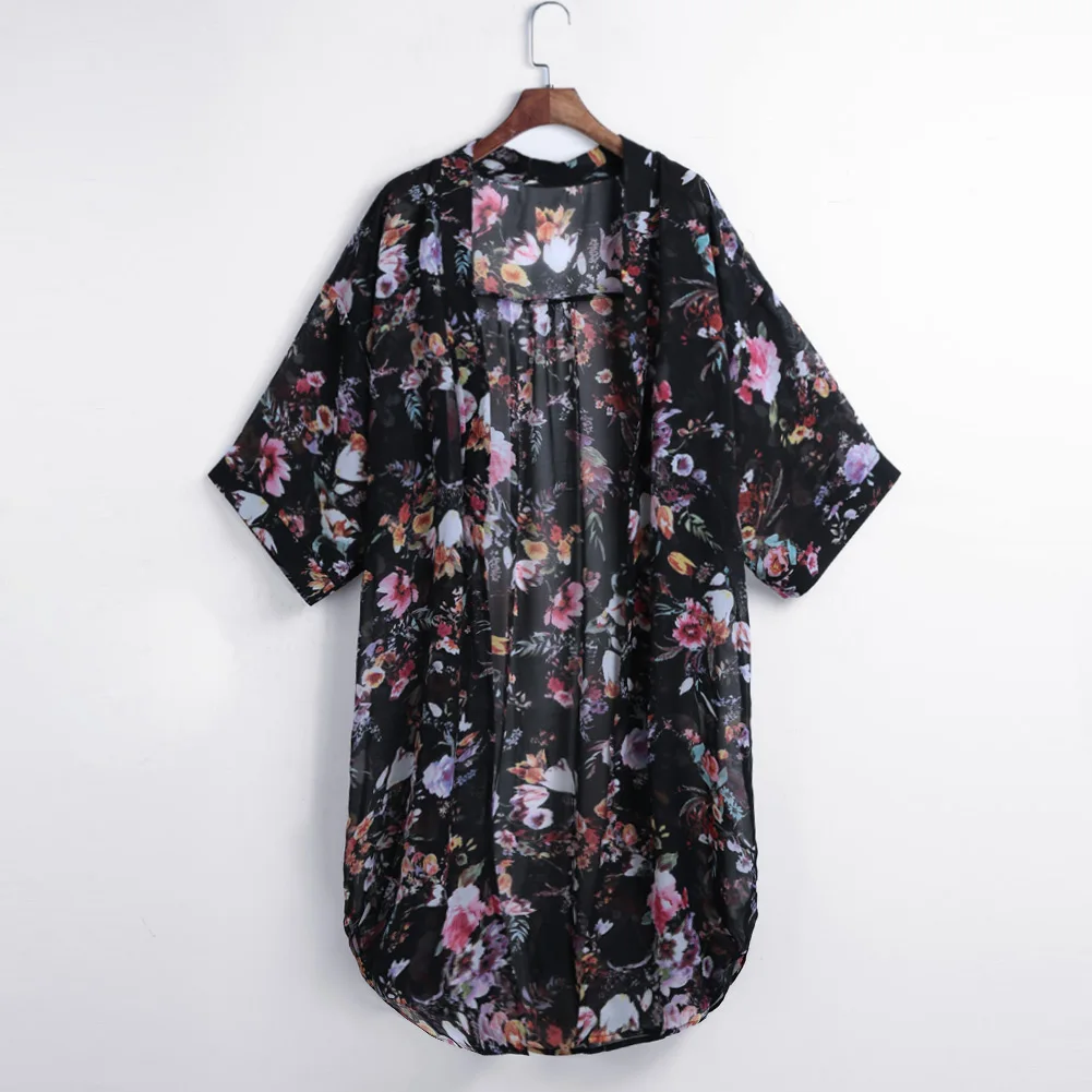 2019 Women Boho Chiffon Kimono Cardigan Floral Printed 3/4 Sleeve Long Blouse Top Casual Loose Beach Wear Plus Size 5XL Black
