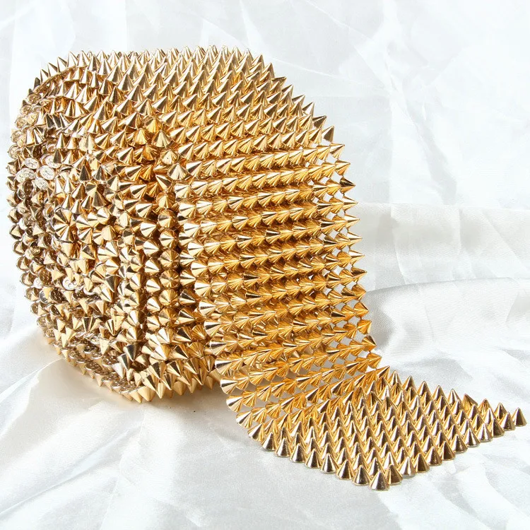 

14 row Golden Spikes Rivets shape plastic rhinestone mesh trimming sewing mesh trim 1 yard free shipping for garment bag shoes