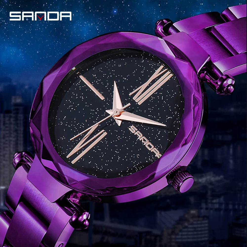 

SANDA Wrist Watch Women Fashion Stainless Steel Quartz Watches Bracelet Purple Female Dress Clock Ladies Watch Relogio Feminino