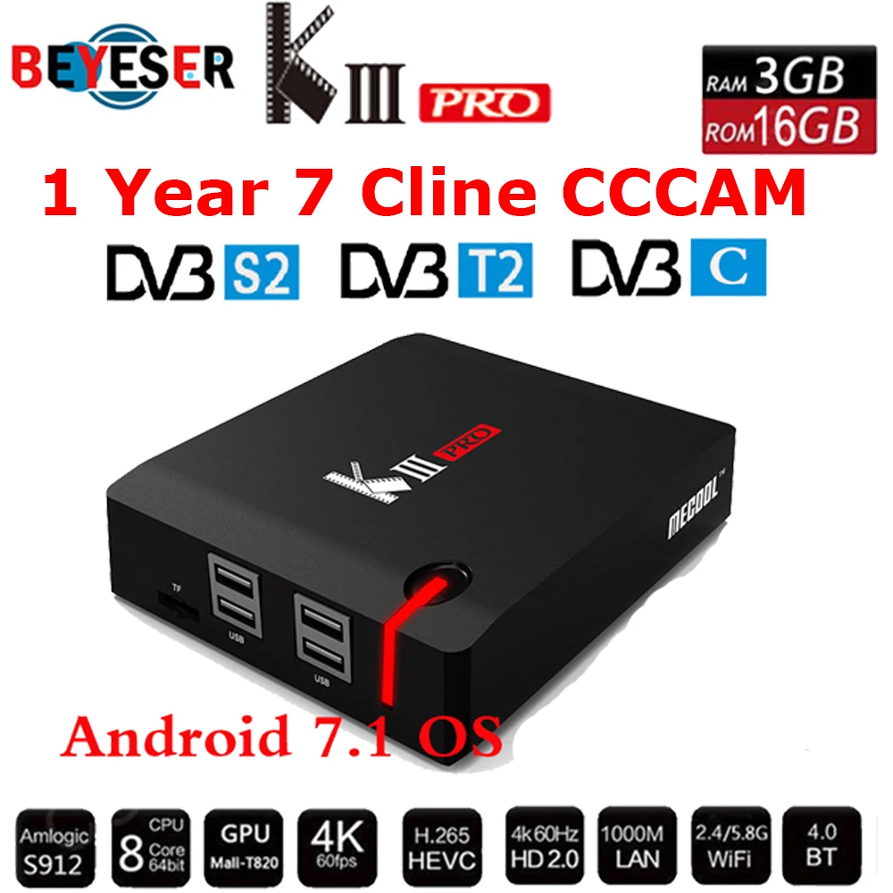 MECOOL KIII PRO DVB-S2 DVB-T2 DVB-C декодер Android 7,1 ТВ коробка 3 ГБ 16 ГБ K3 Pro Amlogic S912 Восьмиядерный 64bit 4 К Combo Set top Box