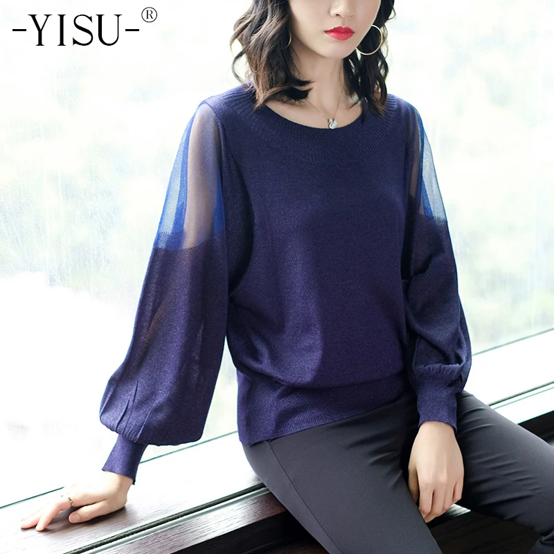 

YISU Sweater Women Round neck Knitted Sweaters Tops Female Long sleeve Pull Femme 2019 spring Casual Pullovers Loose Jumper