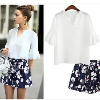

Xl-5xl Plus Size Women's Chiffon Sets V-Neck Half Sleeve Tops Floral Mid-Waist Cotton Drawstring Pants Ladies Clothes Sets BF611