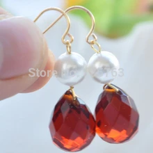 Xiuli 00224 17 мм красный Teardrop грановитая кристалл белый круглый жемчуг болтаются серьги 14KGP