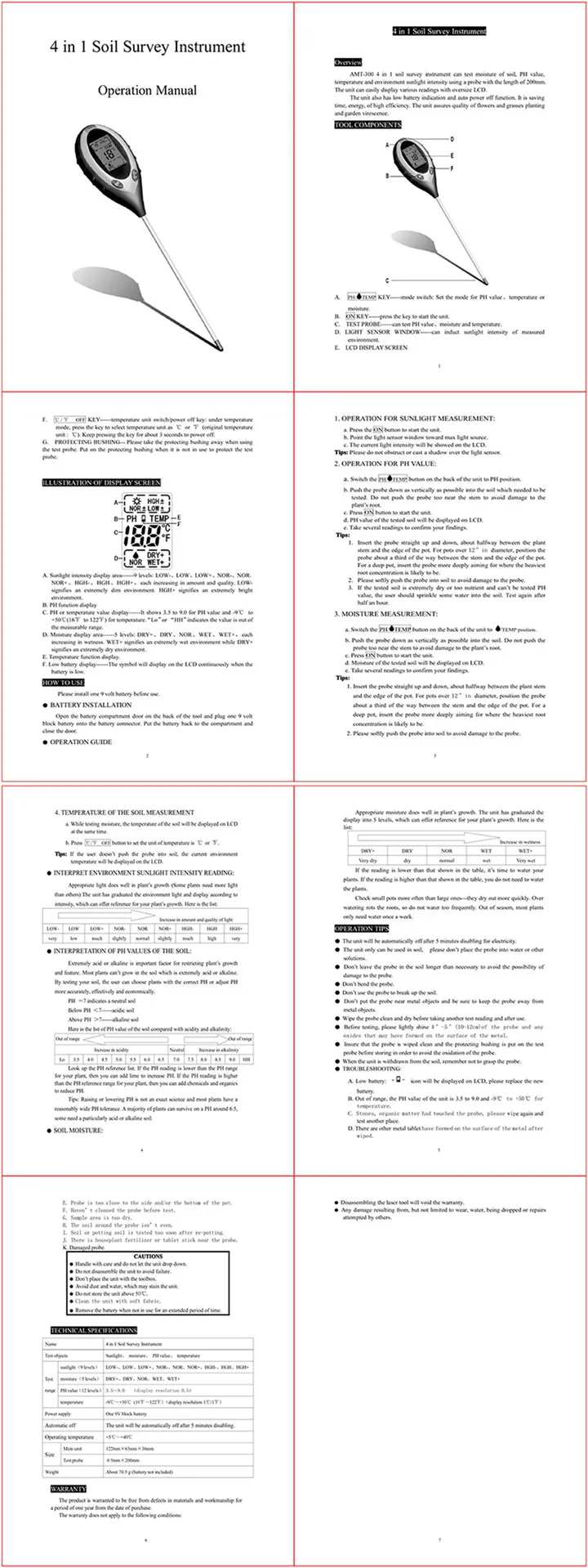 TTLIFE 4/5 в 1 цифровой рН-метр влажности почвы температура монитора Солнечный свет тестер для садовые растения сельского хозяйства с Blacklight