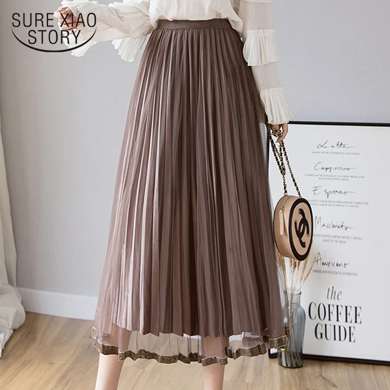 skirts womens Mesh stitching Pleated skirt fashion woman skirts Spring and Autumn solid High Waist Elastic women Skirt 1932 50