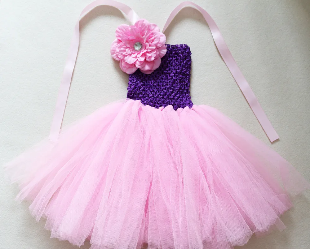 

Cute Retail Girls Crochet Tutu Dresses Baby 1Layer 100% Handmade Fluffy Ballet Tulle Tutus with 4" Peony Flower Kids Party Tutus