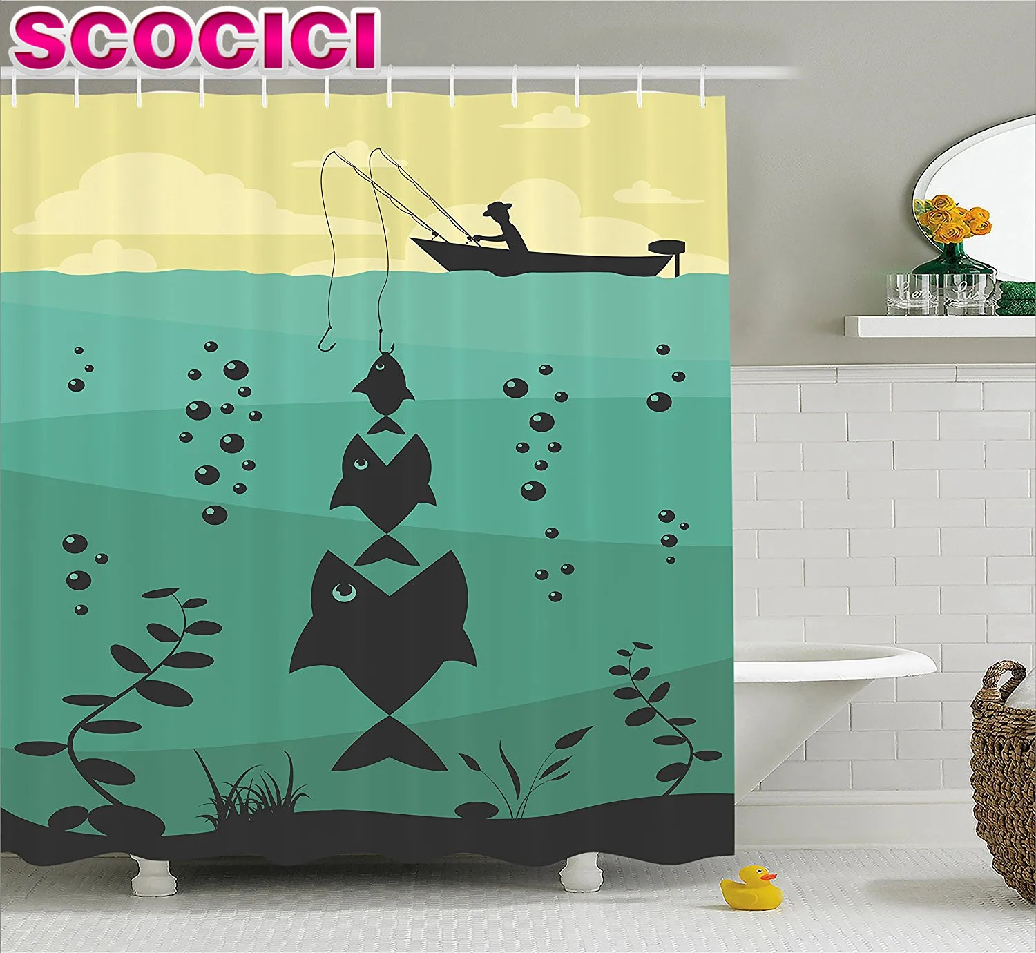 Fishing Decor Shower Curtain Big Fish Eats Little Textured Design in River with Trawler Rod Home Decor Fabric Bathroom Decor Set