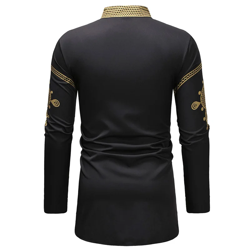 Черный Стенд ошейник с длинным рукавом рубашка для мужчин 2018 новый африканский Dashiki Удлиненная рубашка Для мужчин s рубашки в уличном стиле