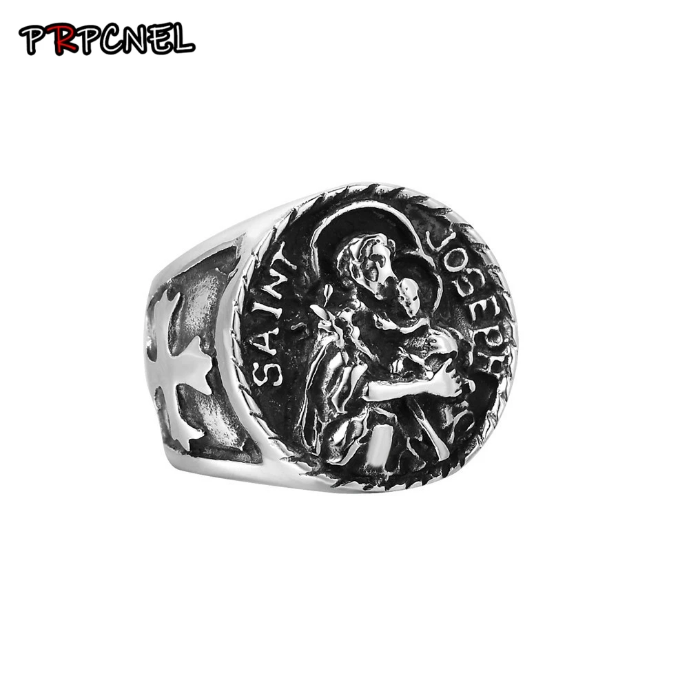 

US Size 7 To 13 Men Boy 316L Stainless Steel Virgin Mary Cool Cross Saint Michael Protect US Silver Big Ring Newest