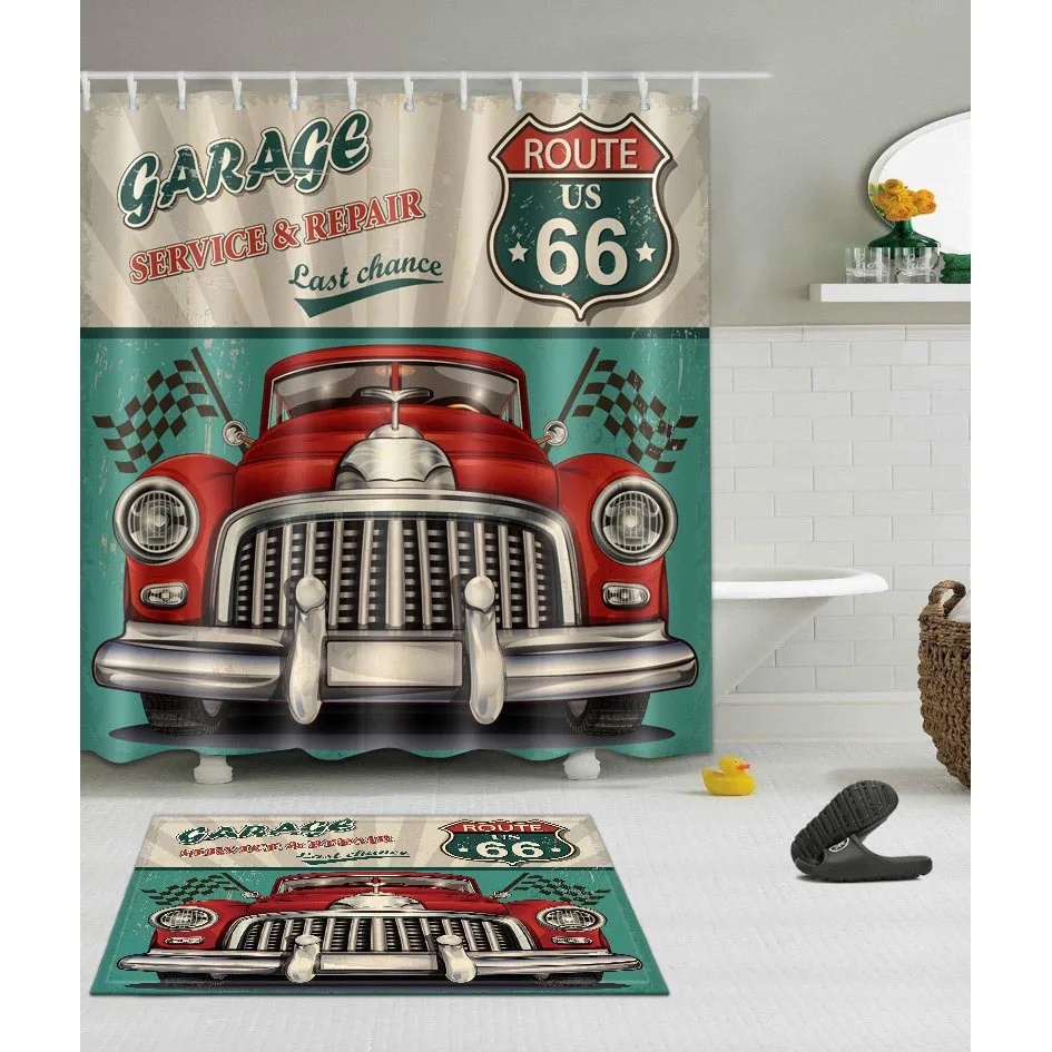 LB Ретро занавес для душа Route 66 ткань и коврик для автомобиля, гаражный сервис, ремонт, последний шанс, для ванной комнаты, декор для ванной