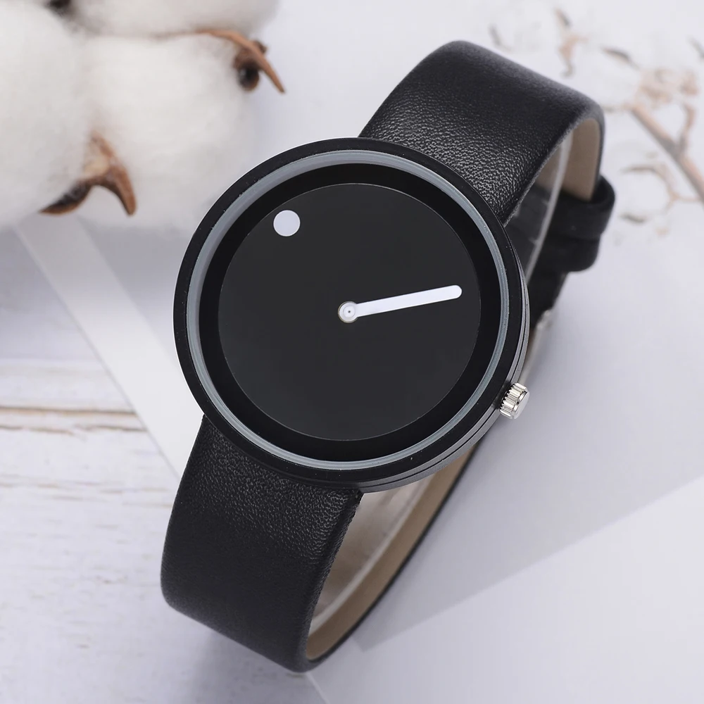 Минималистичный стиль, кожаные Наручные часы для женщин и мужчин, креативный черно-белый дизайн, точка и линия, простые кварцевые часы для лица, подарочные часы