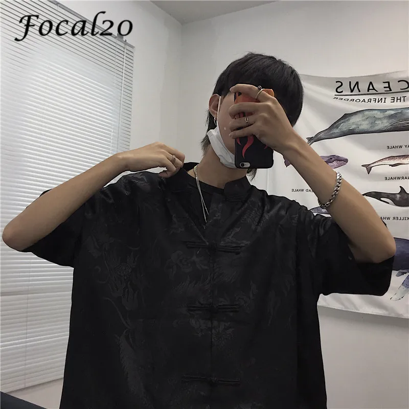 

Focal20 Harajuku Dragon Print Female Blouse Shirts Loose Short Sleeve Turn Down Collar Summer Solid Color Blouse Shirt