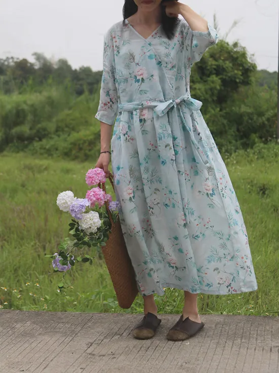 

Preppy Fairy Floral V Neck Half Sleeve With Sash Pure Ramie Linen Dress, Summer Thin Cool Loose Large Hem Light Blue Flower Robe