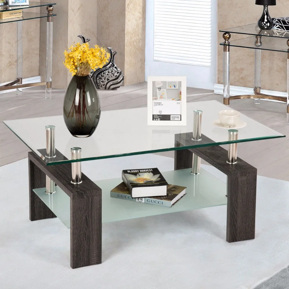 Giantex Rectangular Tempered Glass Coffee Table End Side Table with Shelf Home Furniture Living Room Furniture HW57279BK Giantex Rectangular Tempered Glass Coffee Table End Side Table with Shelf Home Furniture Living Room Furniture HW57279BK