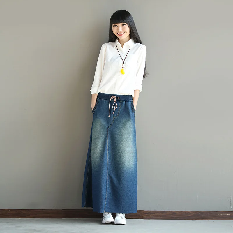 

Plus Size Maxi Skirt For Women Denim Skirts 2018 Autumn Spring New Bleached Fashion Long Casual Denim Skirt A-line Skirts