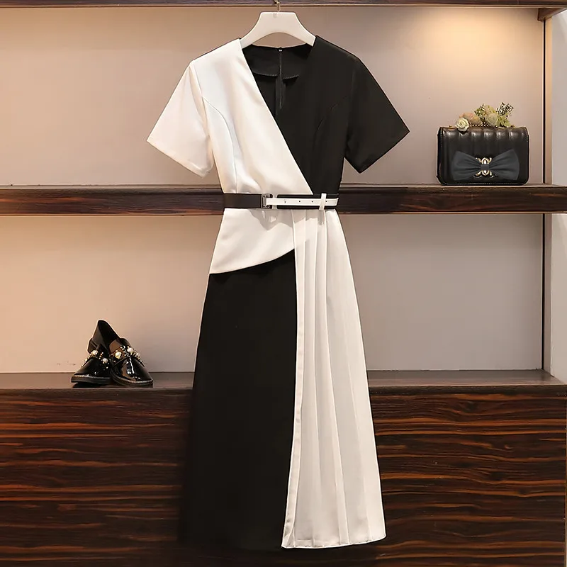 

L- 4XL Plus size Elegant Women Summer V Neck Short Sleeves Two-tone Dress Female Party Dresses N006
