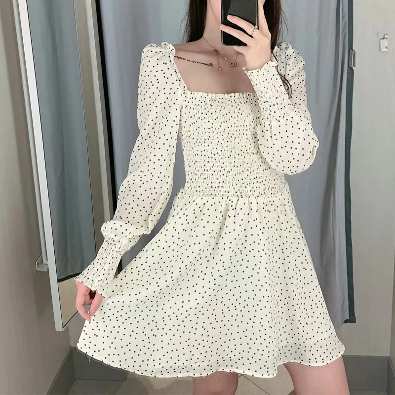 

Summer women dress casual dot print elastic lantern sleeve dress Slim Vestidos