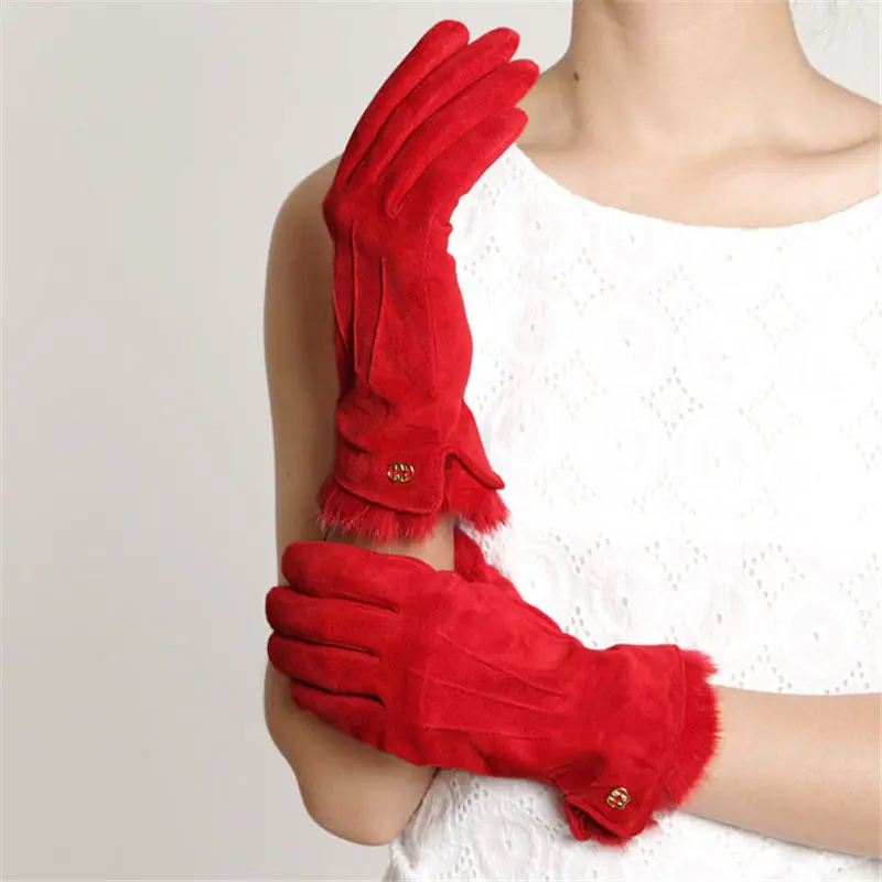 Модные женские кожаные перчатки с кроличьим мехом, натуральная свиная кожа, замша, зимние теплые женские однотонные перчатки для вождения, L130NN-9 - Цвет: Красный