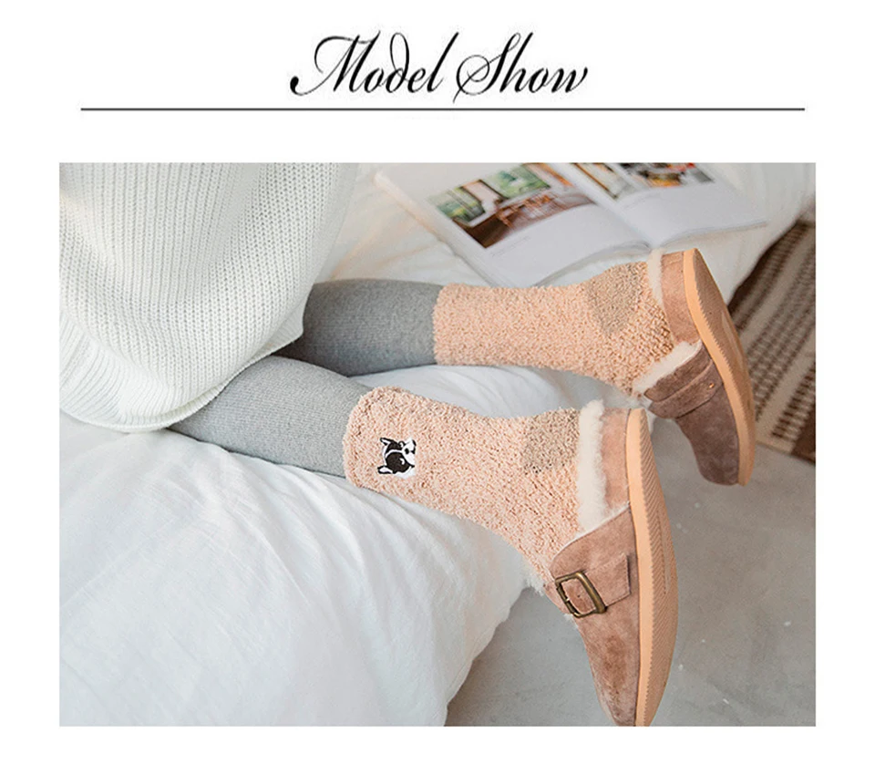 2019 Winter New Embroidered Animal Puppies Cat Lady Floor Sock Thick Section Warm Home Coral Velvet Ladies Socks Wholesale (10)