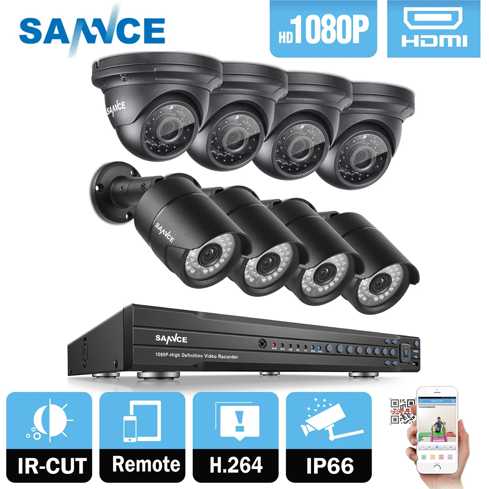 

SANNCE 16CH 1080P 2MP CCTV DVR Recorder 4PCS 1080P HD 1920*1080 In/Outdoor Security Bullet Dome Camera System & 2TB HDD Onvif