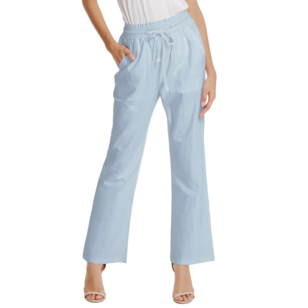 Light Blue Элегантные брюки в деловом стиле женские повседневные брюки однотонные хлопковые длинные брюки деловая Дамская рабочая одежда брюки с завязками на талии - Цвет: Light Blue