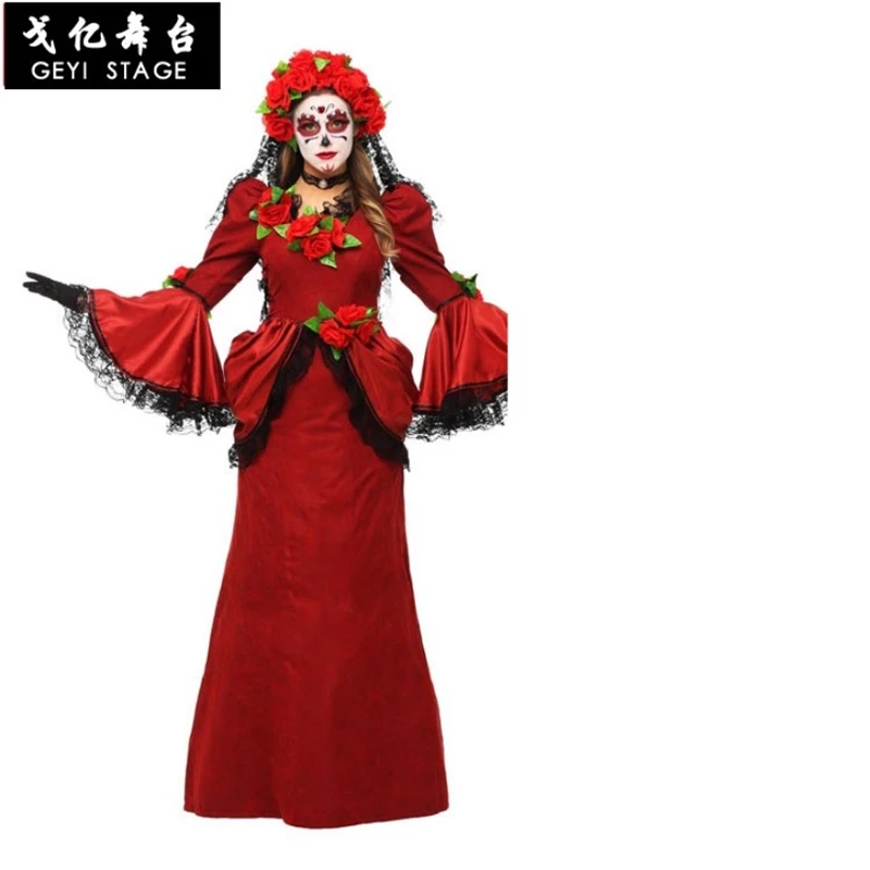 Adult Women Halloween Day Dead Costume Ladies Bridal Long Sleeves Black Scary Skeleton Skull Joker Cosplay Dress Plus for men