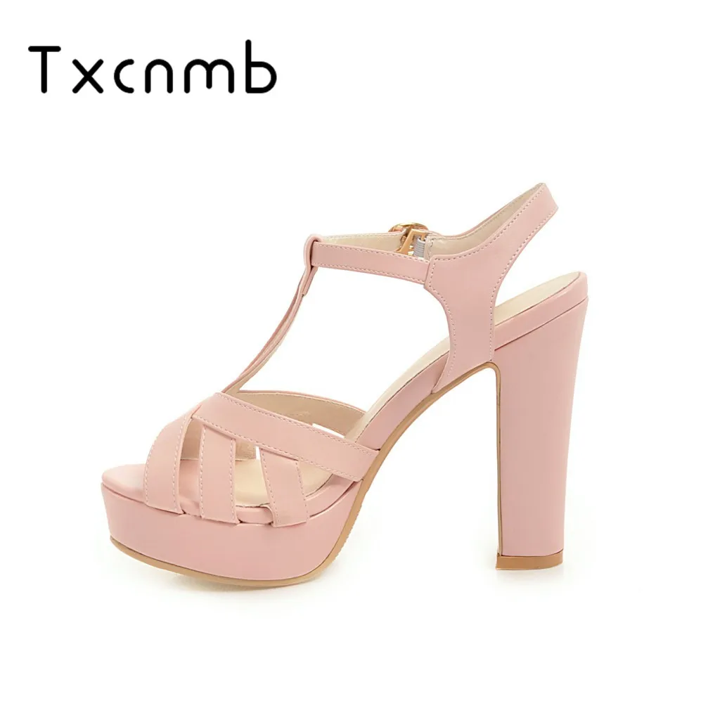 

TXCNMB 2019 Women Sandals summer Coarse High Heel Open-toed Hollow Buckle Slingback Cut Outs shoes woman wedding Ladies Pumps