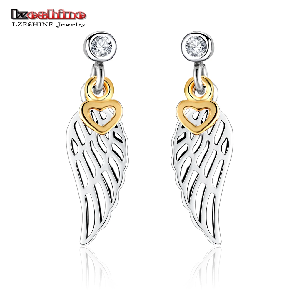 

LZESHINE Angle Wing Shape Drop Earrings with Gold Color Hearts CZ Stone Inlayed 925 Sterling Silver Earrings for Women PSER0005