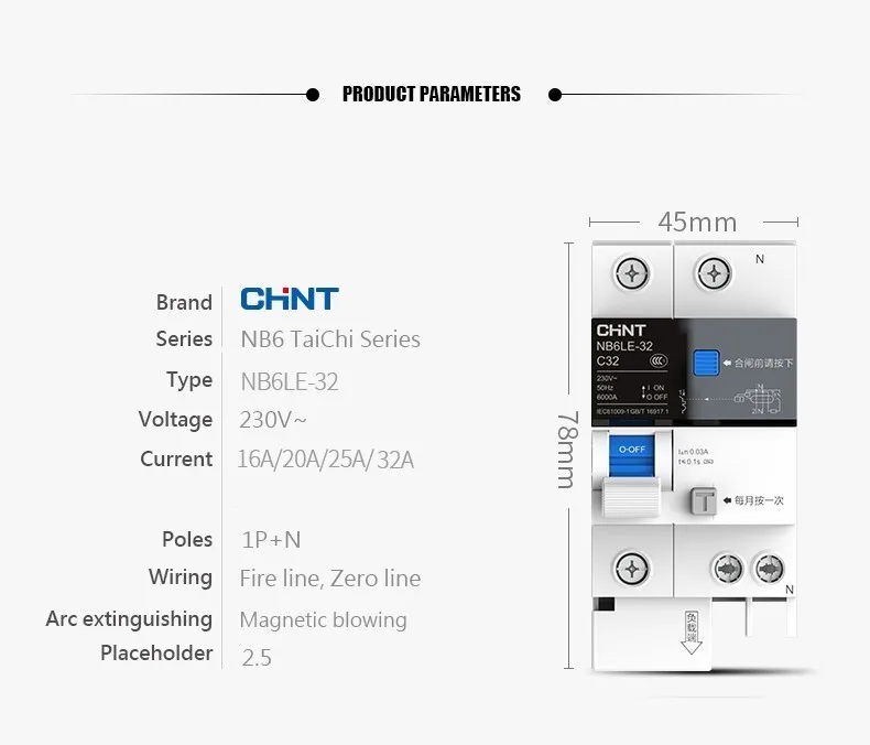 CHINT утечки земли миниатюрный автоматический выключатель защита от перегрузки NB6LE-32 1P+ N серии Бытовой Воздушный выключатель 16A 20A 25A 32A