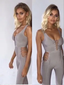 

Top Quality Women Sexy V Neck Gray Bandage Jumpsuit 2018 Elegant Knitted Designer Party Jumpsuit