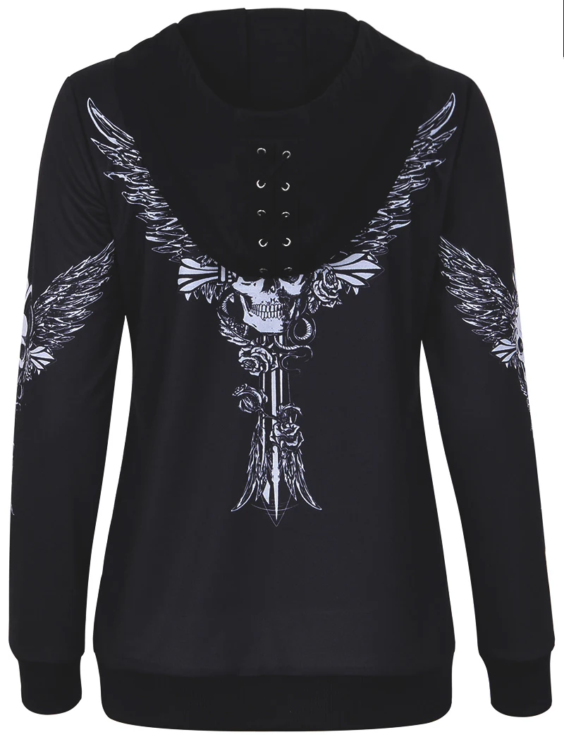  Hoodies Sweatshirt Women Angel Wing Skull Print Zip Up Hoodie Punk Casual Lace Up Hooded Pullover T