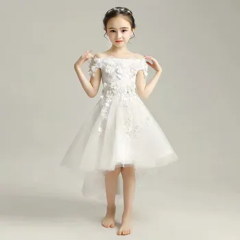 

Baby Kids Elegant White Appliques Flowers Shoulderless Piano Costume Host Prom Lace Dress Children Girls Birthday Tail Dress