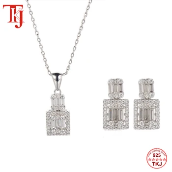 

TKJ 925 Sterling Silver Jewelry Set Baguette CZ Zirconia Pendant Necklace Stud Earrings For Women Wedding Valentine's Gift