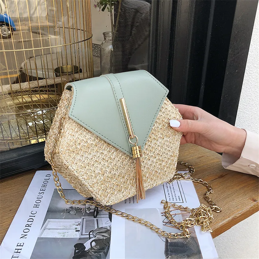 

Hexagon Mulit Style Straw+pu Bag Handbags Women Summer Rattan Bag Handmade Woven Beach Circle Bohemia Handbag New Fashion
