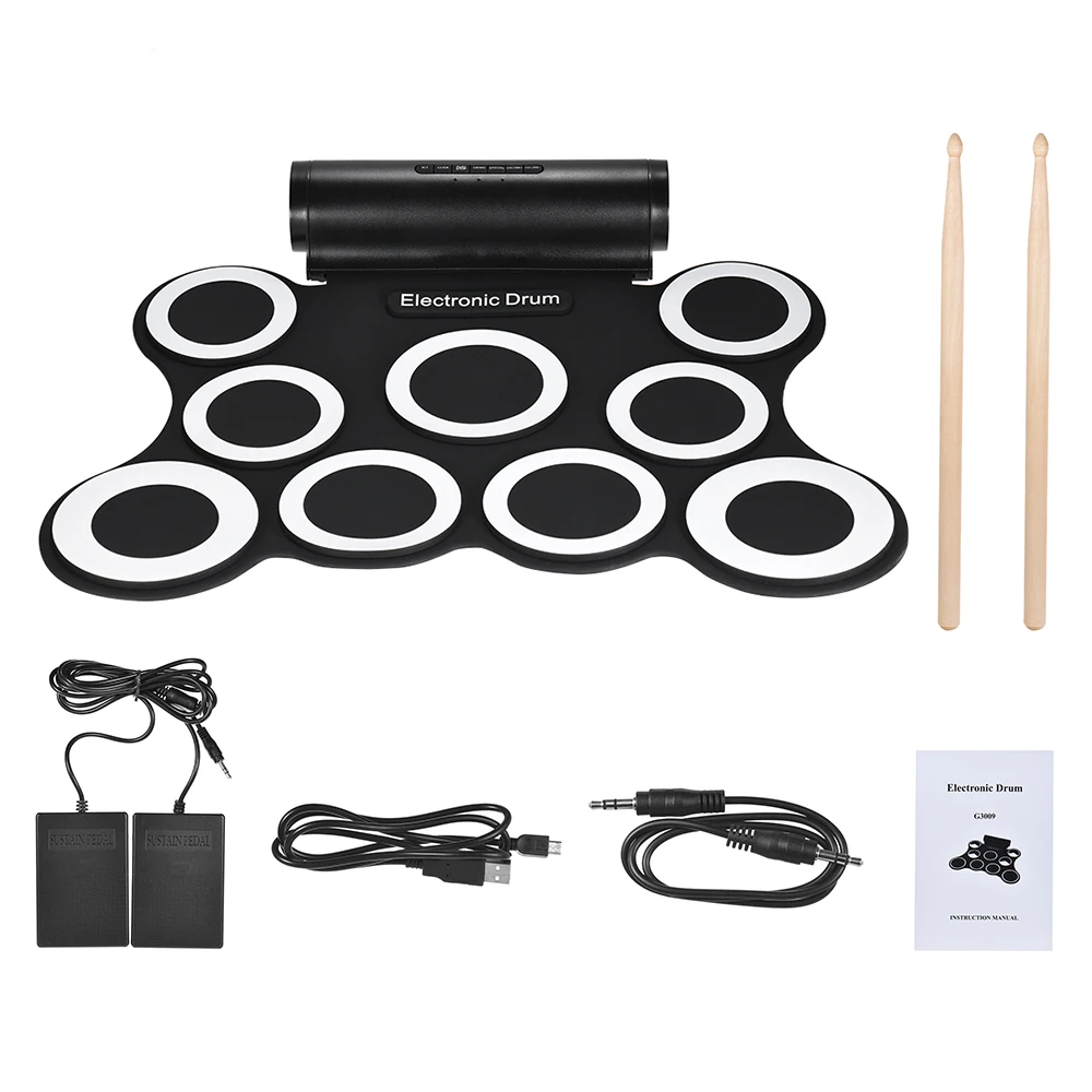 

Portable Stereo Electronic Digital Roll Up Drum Kit 9 Silicon Drum Pads Built-in Speaker USB Powered with Drumsticks Foot Pedals