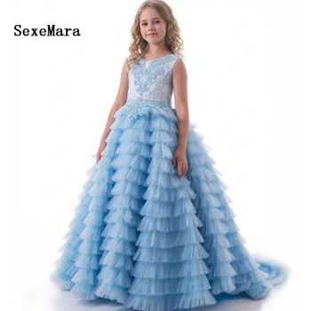 

Ball Gown Customized Flower Girls Dress For Weddings Beaded Lace Tiered Dress Birthday Pageant Gown Vestidos Longo