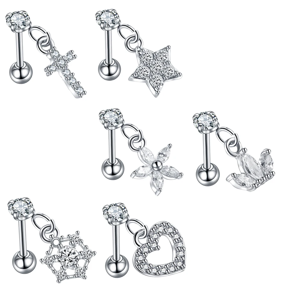

1PC Dangle Ear Tragus Crown Heart Star CZ Ear Tragus Barbell Earring Piercing Conch Helix Orelha Cartilage Stud Sexy Jewelry 16G