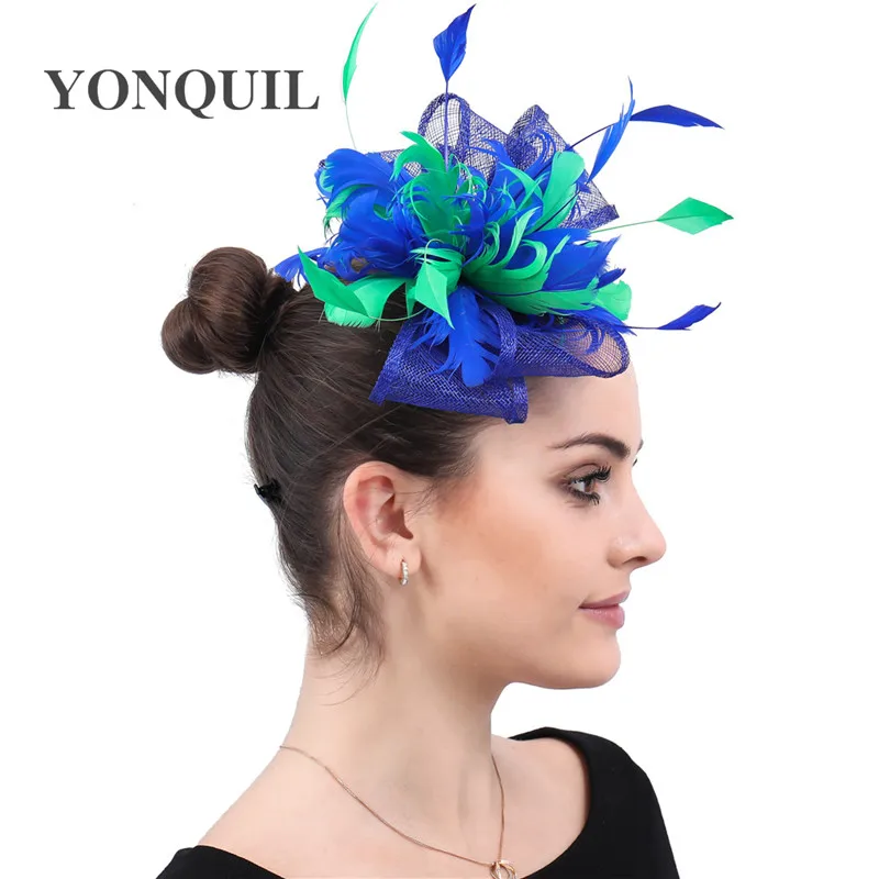 Royal Blue With Green Bride Women Fascinator Hat Elegant Ladies Show Headwear With Hair Clip Bridal Wedding Hair Accessories