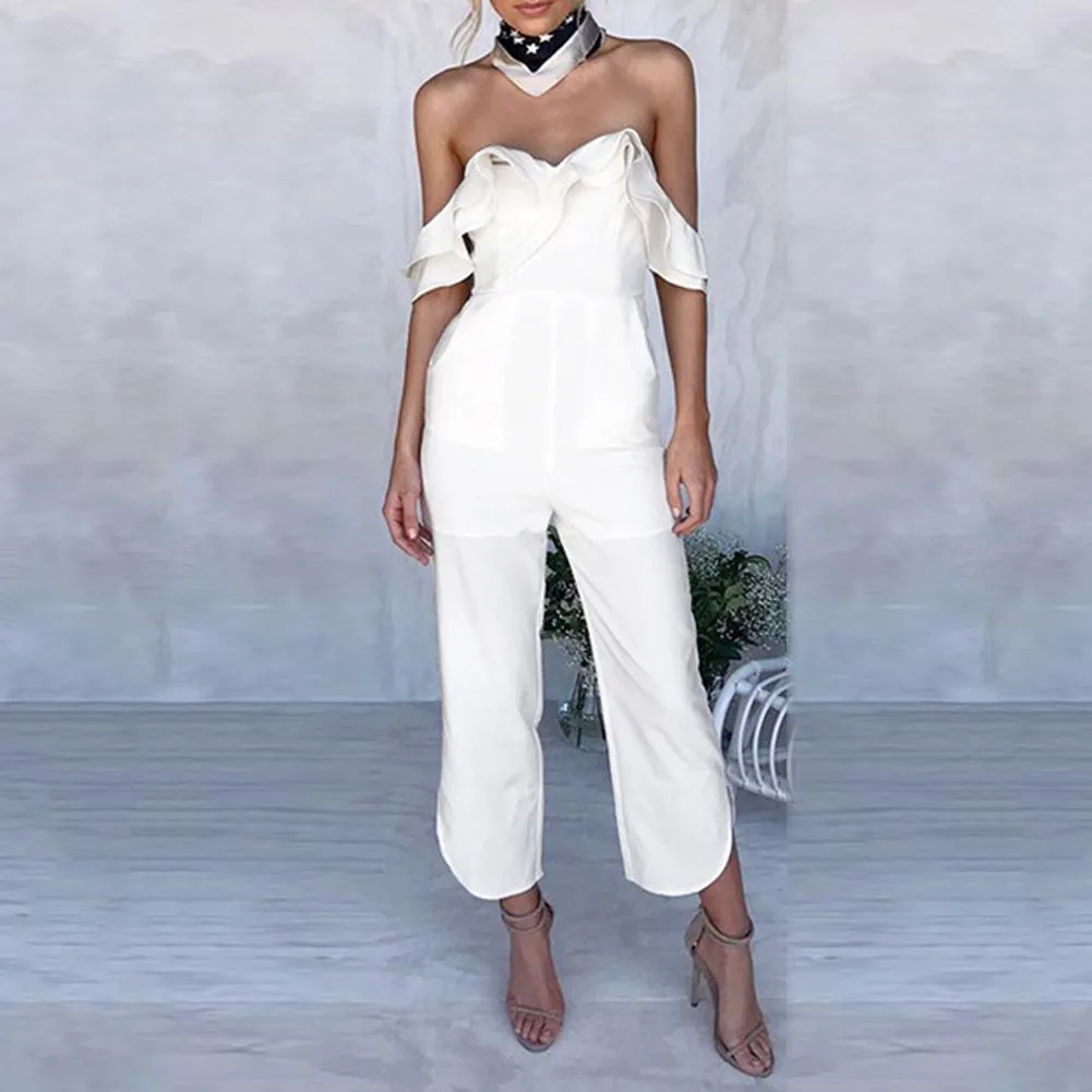 

Women Mid Waist Belted Jumpsuit Ruffle Trim Sleeveless Jumpsuits Solid Pants Vintage Sexy Summer White Black Pockets Jumpsuits