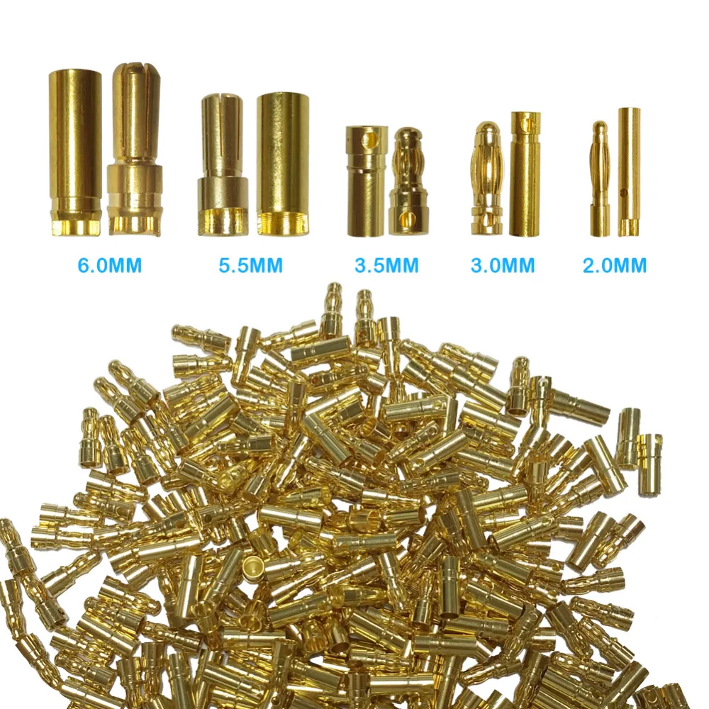 100 pairs Bullet Connector Plug 2.0/3.0/3.5/4.0/5.5/6.0/6.5mm Battery Connector Green Gold Plated Stereo Plug Banana Head