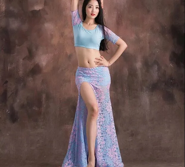 

Summer 2 Piece Women Modal Practice Clothes Middle Sleeve Top Long Lace Skirt Dancer Performance Show Wear Blue Purple Free Size