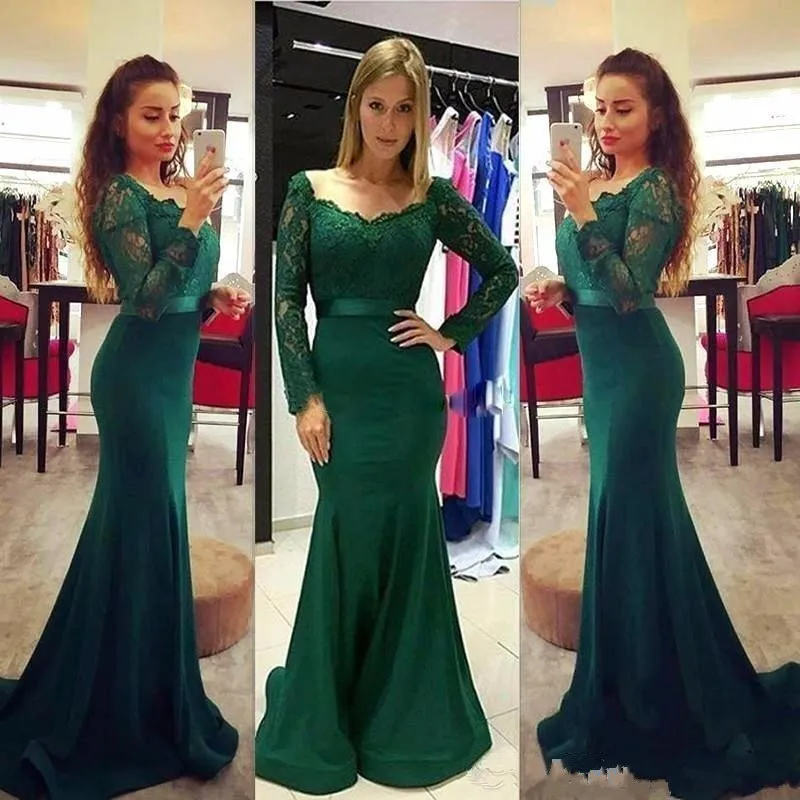 

Dark Green Satin Mermaid Mother Of Bride Dress with Belt Scoop Neck Long Sleeve Sweep Train Designed For Wedding Gust Prom Gown