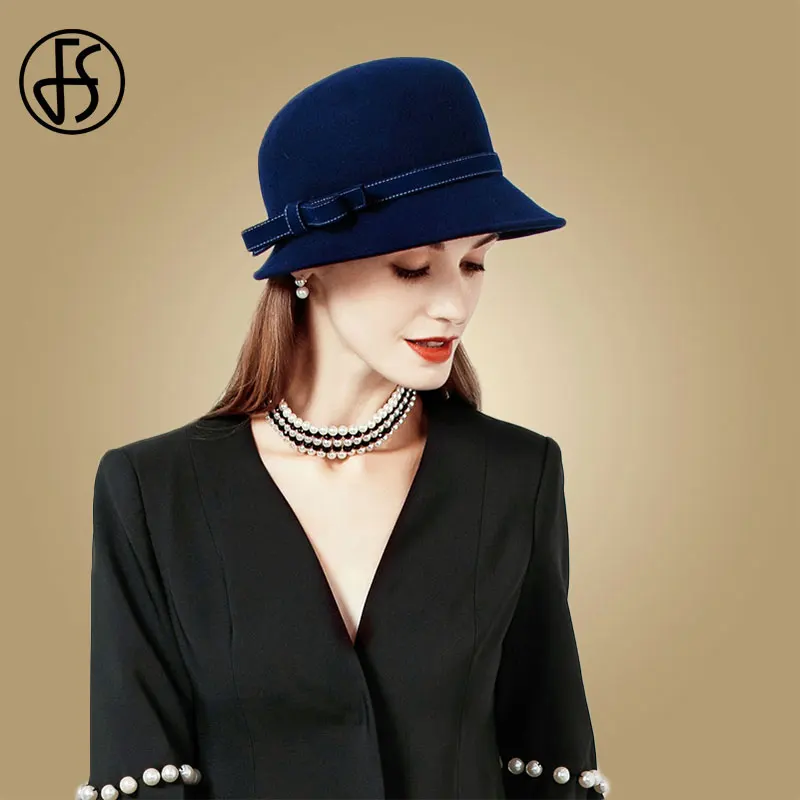 

FS Vintage Women Hat Navy Blue Wool Felt Hat With Bowknot Wide Brim Bowler Chapeu Fedoras Ladies Hats Cloche Winter Derby Hats