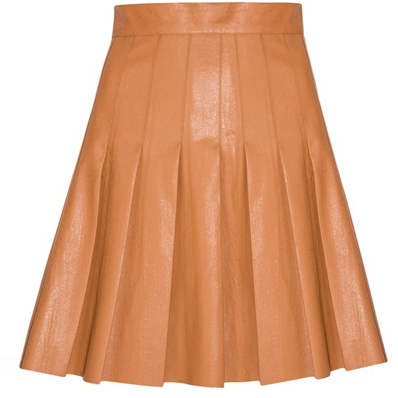 HDY Haoduoyi модные женские юбки из искусственной кожи с высокой талией, женские юбки трапециевидной формы, милые однотонные плиссированные женские юбки в консервативном стиле - Цвет: Brown