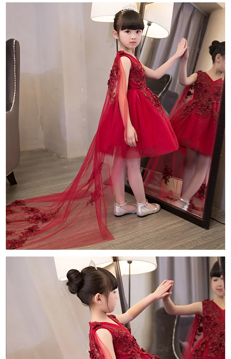 Красное платье принцессы с аппликацией из бисера Для Девочек Пышные Длинные вечерние бальные платья для выпускного бала для девочек, свадебные платья для маленьких девочек