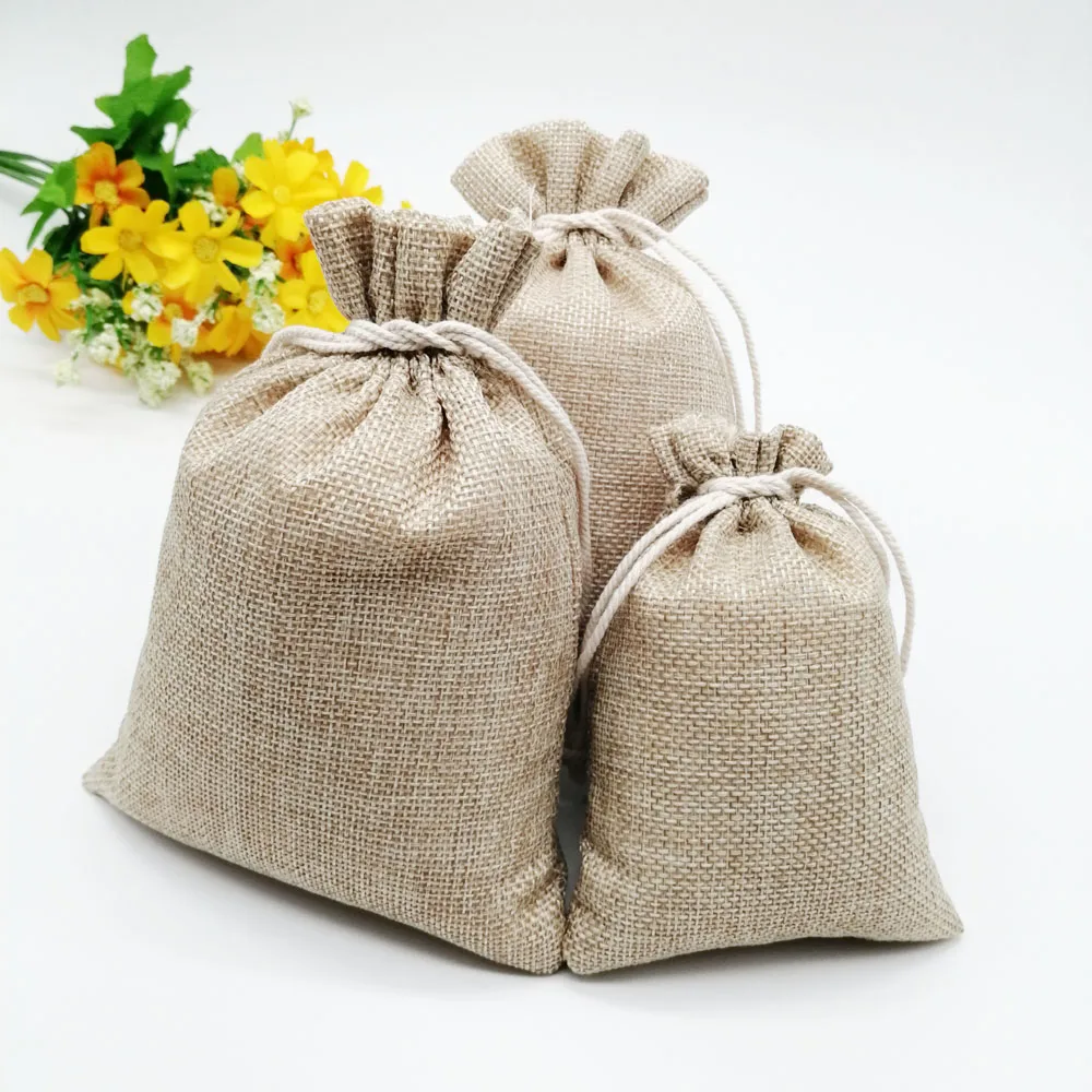 10pcs Small Burlap Jute Sack Linen Pouch Bag Drawstring Wedding Supplies D&H 