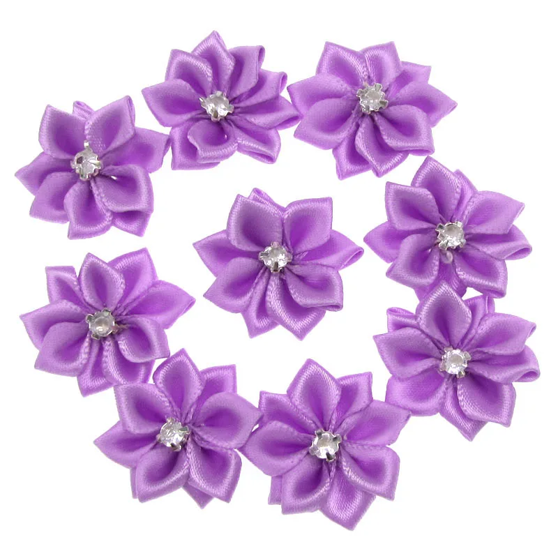 40pcs Purple Small Satin Flowers Fabric Rhinestone Flowers Appliques