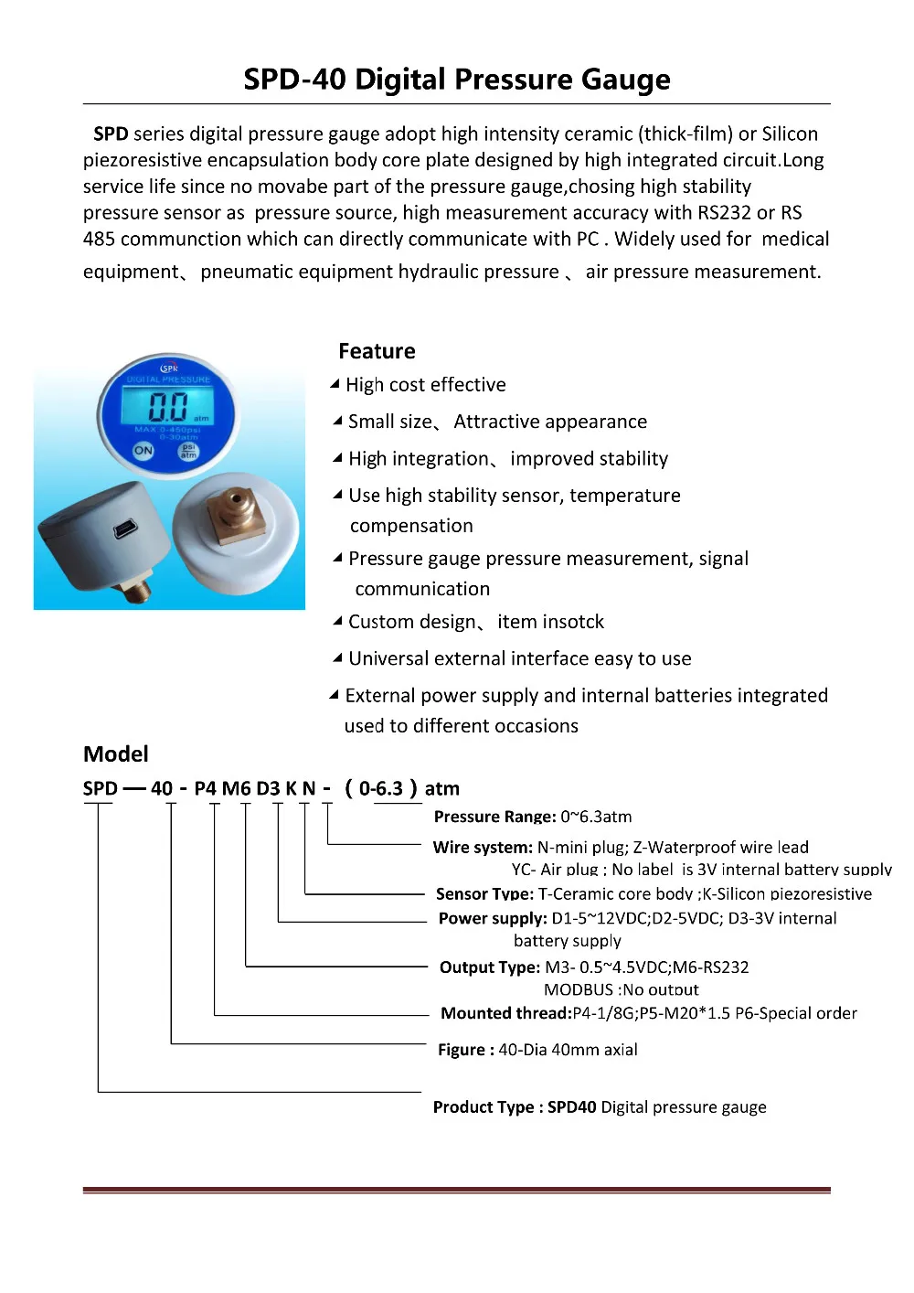 SP с питанием от батареи USB RS232 цифровой манометр 0-450psi