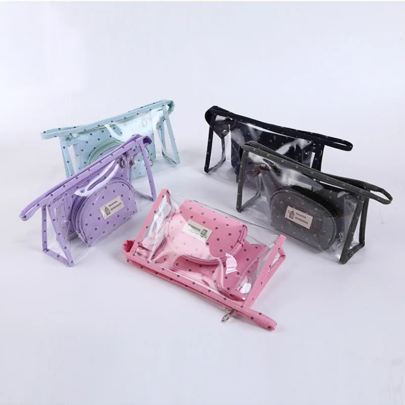 

PACGOTH Small Crown Transparent PVC Cosmetic Cases Three -Pieces Travel Portable Large Capacity Wash Bag Hand Cosmetic Bag 1Set